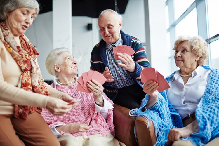 Assisted living senior residents spending time in community helping decrease depression