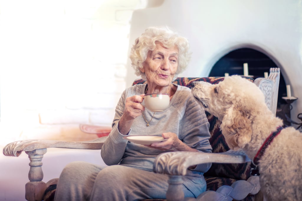 senior woman drinking tea in pet friendly assisted living community with poodle dog