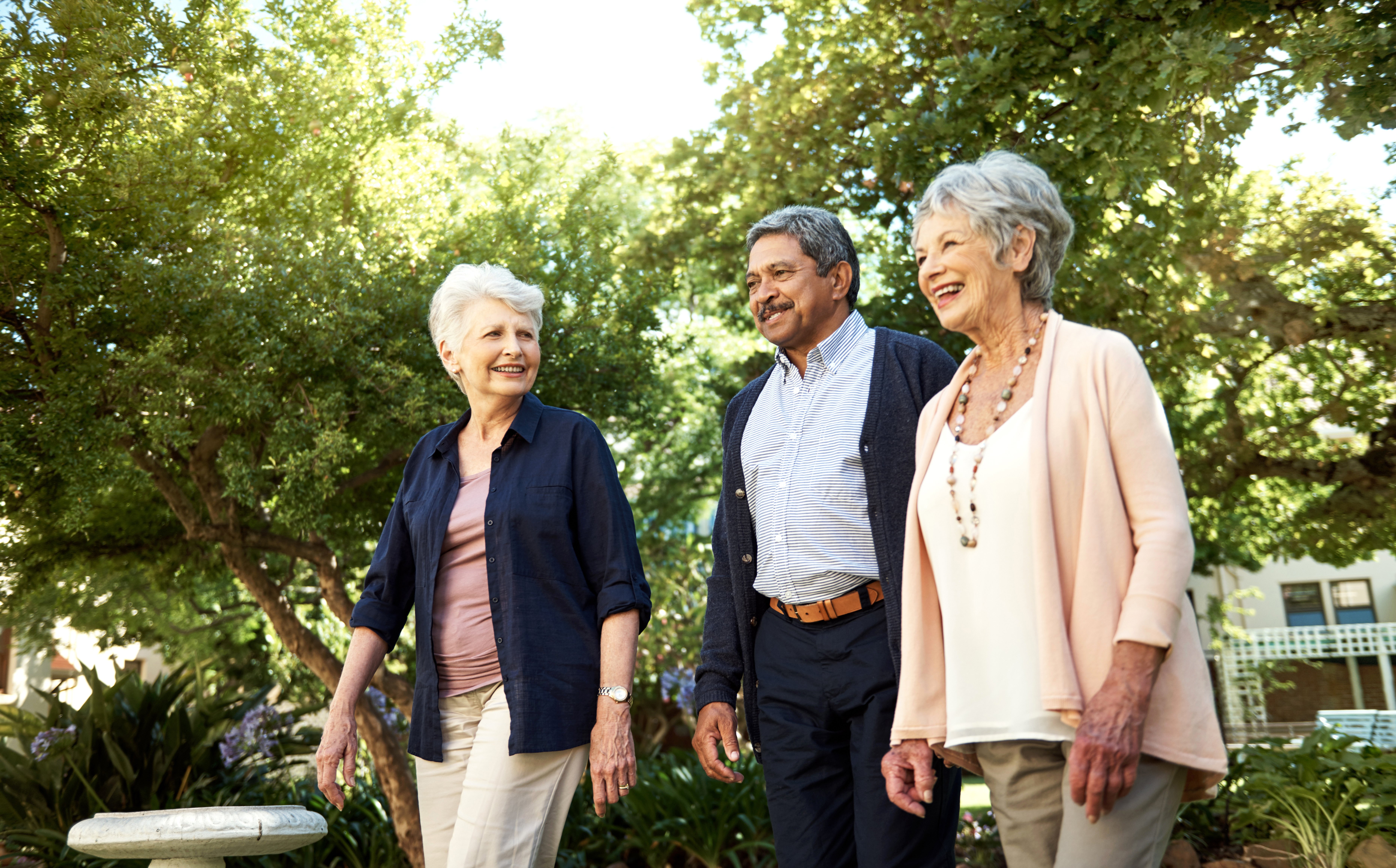 3 elderly people enjoying a walk outside while having a conversation with one another