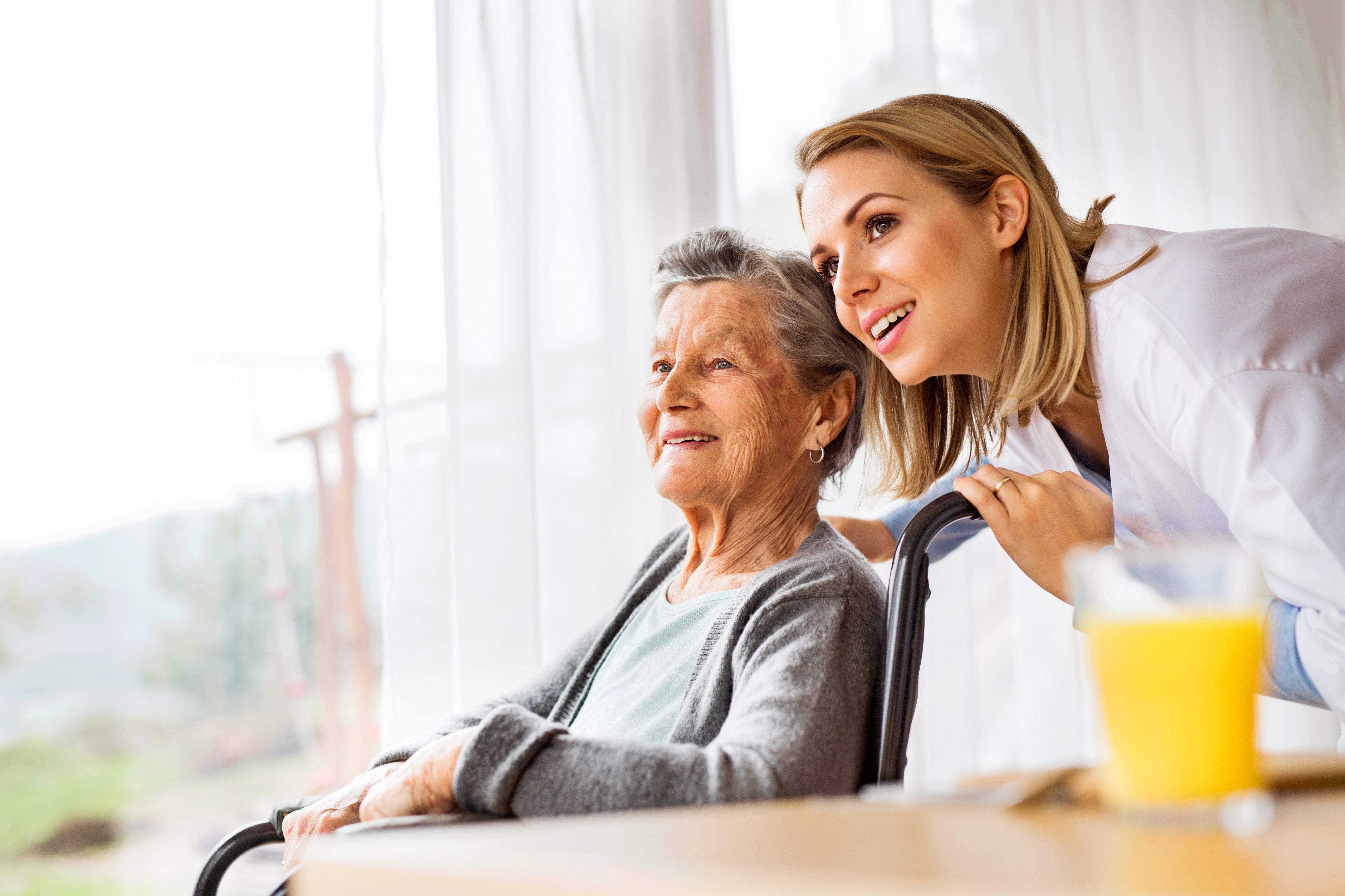 healthcare professional and resident sitting in her wheelchair looking out the window together with smiles on their faces